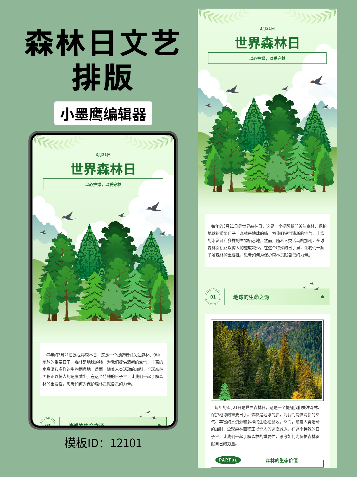 文艺风世界森林日公众号排版模板推荐：以心护绿，以爱守林