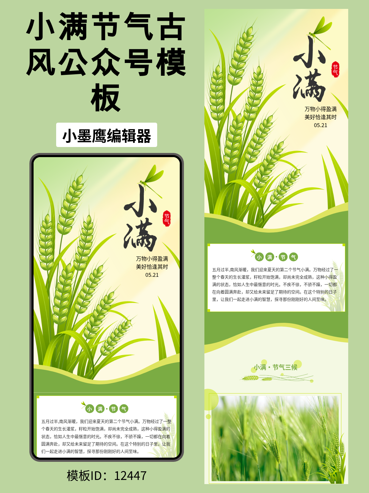 二十四节气小满古风笔刷风公众号排版微信公众号的图文模版推荐（政务/文旅/校园通用）

小满，万物小得盈满，美好恰逢其时。这期为你推荐一套古风笔刷风&ldquo;小满&rdquo;主题公众号排版微信公众号的图文模版，元素包含枇杷、燕子、水车、荷花荷叶、池塘、石头、小麦，呈现东方意境与季节气息，适合节气科普、城市形象、景区推介、校园科普、社区文明实践等内容场景。微信公众号的图文模版整体以笔刷标题、留白段落、国风插画与动效为主，图文舒展、雅致不繁复。

节气类内容应该怎么做？
- 明确定位：围绕&ldquo;节气知识+地方/校园/行业结合+生活方