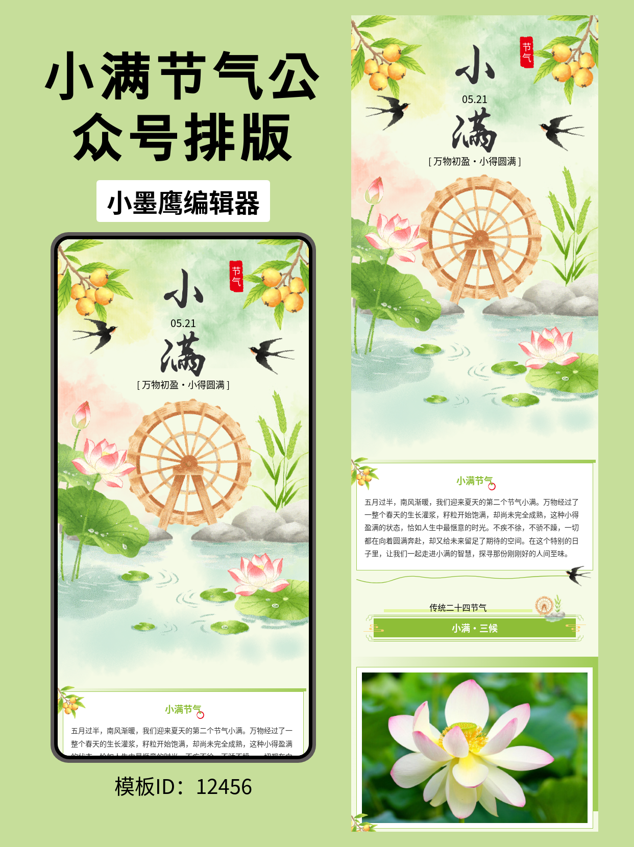 二十四节气&middot;小满｜古风笔刷风公众号排版免费公众号模版编辑器分享（枇杷&middot;燕子&middot;水车&middot;荷花）

小满是麦浪初熟、荷叶新展的时节。这套古风笔刷风免费公众号模版编辑器，将枇杷、燕子、水车、荷花、荷叶、池石与小麦等元素融合，以水墨质感和清雅配色呈现二十四节气的松弛与丰盈。下面带你看清这种&ldquo;节气文化类&rdquo;免费公众号模版编辑器如何用、适用在哪些场景，以及上手套用的具体步骤。

节气民俗类内容应该怎么做？
- 视觉调性：采用水墨笔刷肌理与留白，主色推荐麦穗黄、荷叶绿、湖水青，辅以石灰灰与米白底，画风统一、克制不花哨。
- 