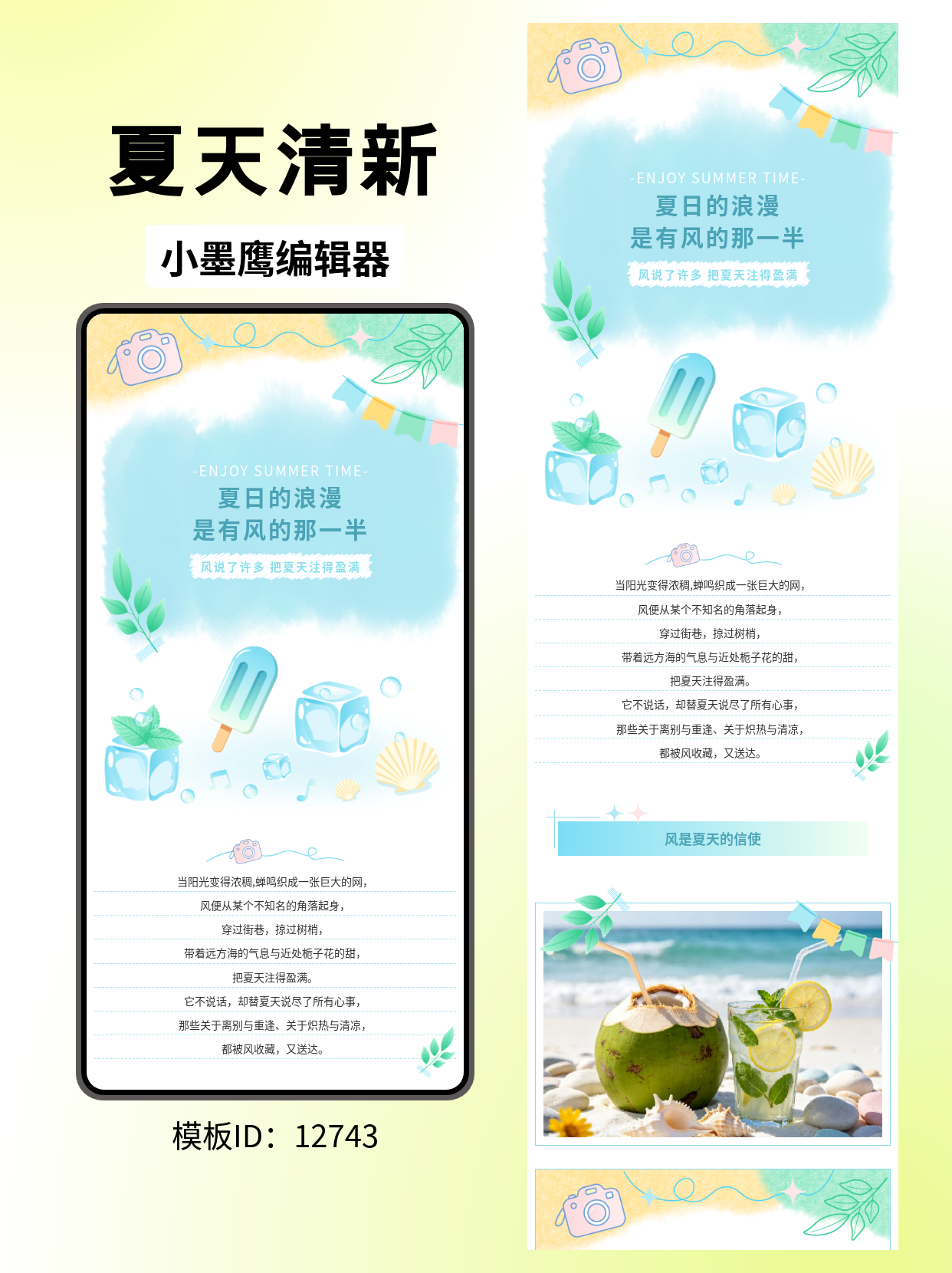 夏日文艺清新风公众号排版公众号模板分享｜叶子&middot;相机&middot;冰棍&middot;薄荷&middot;贝壳&middot;泡泡&middot;星星