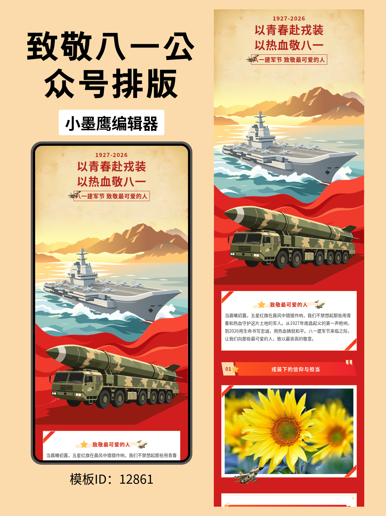 八一建军节公众号排版微信文章模版｜红色政务风&middot;海陆空主题，一键套用更省时