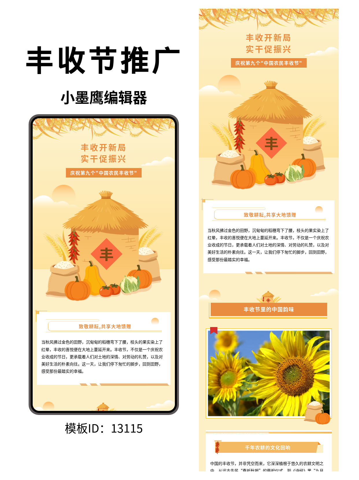 中国农民丰收节公众号排版精美公众号模板去哪找推荐｜通用风粮仓麦穗南瓜元素，一键好看好用