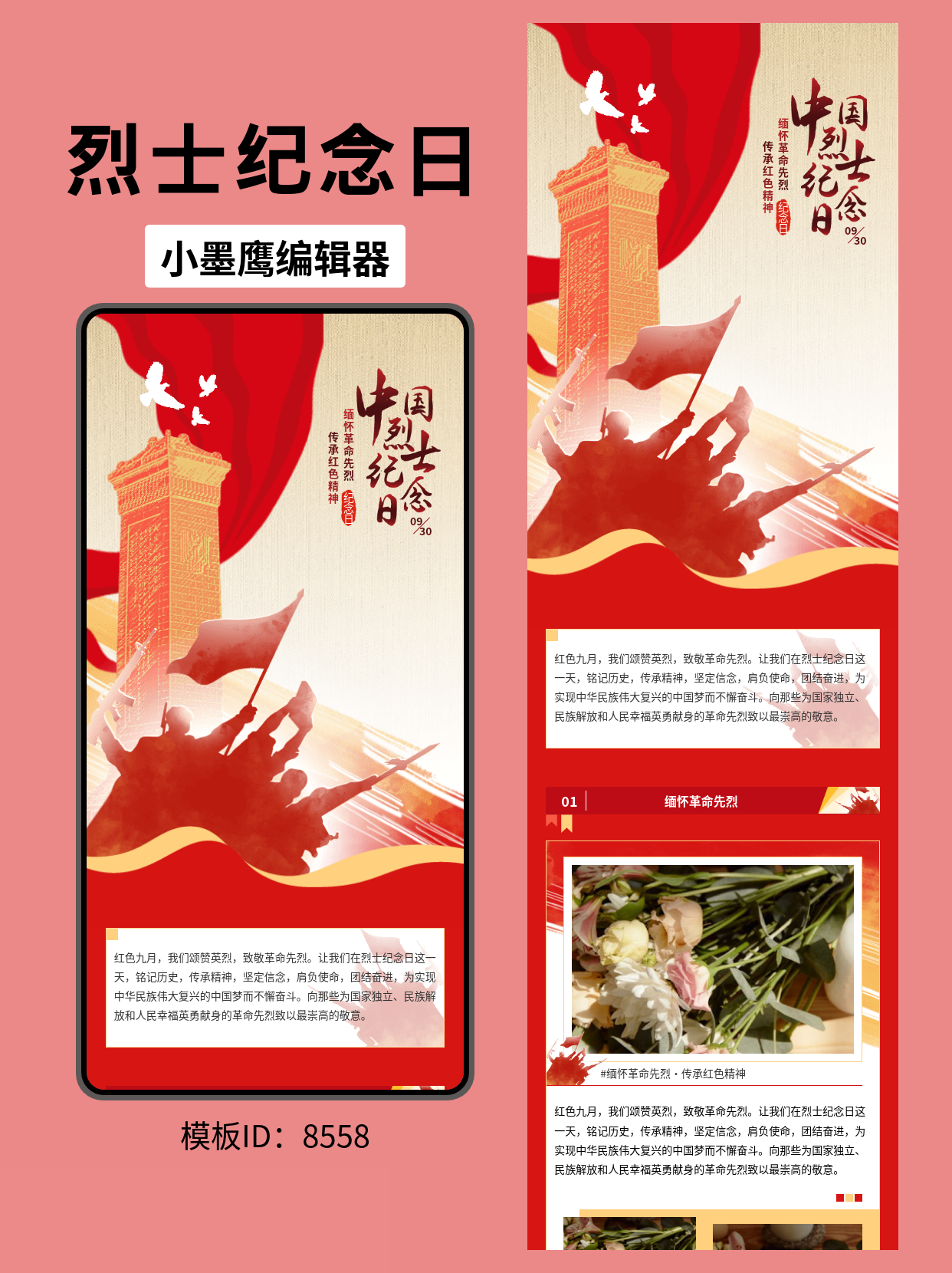 中国烈士纪念日政务风公众号排版公众号发文模版分享（纪念碑/白鸽/红旗/战士）