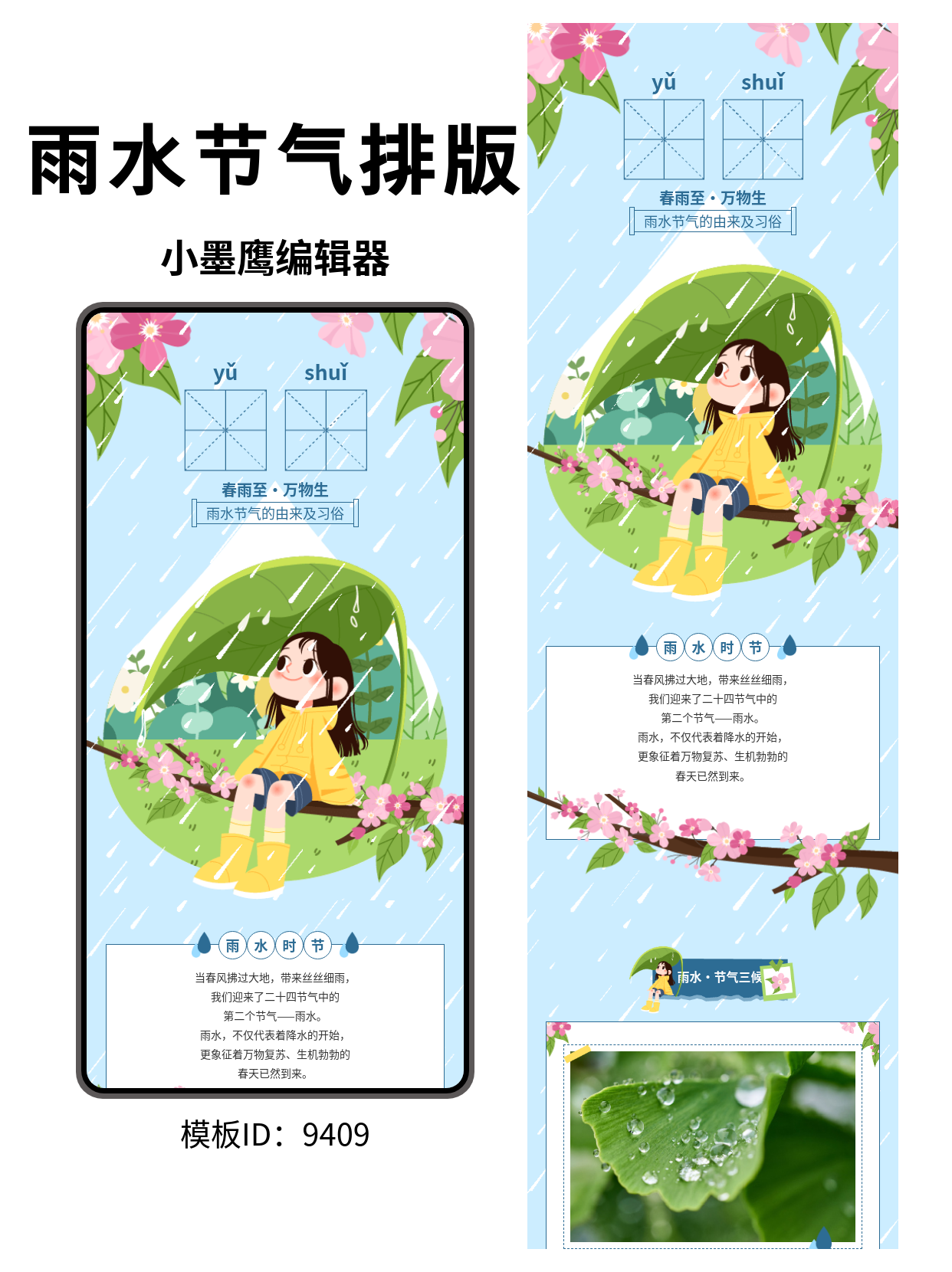 卡通文艺风雨水节气公众号排版模板分享
